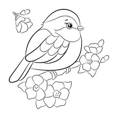 A titmouse sits on a branch. Cute coloring book for children.