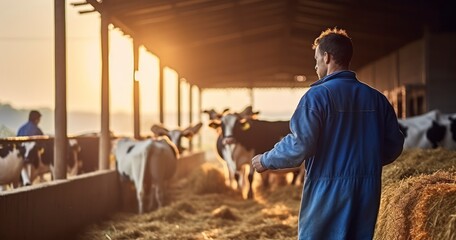 A Young Farmer in Blue Overalls Thoughtfully Feeding Straw to Calves on His Farm. Generative AI - obrazy, fototapety, plakaty