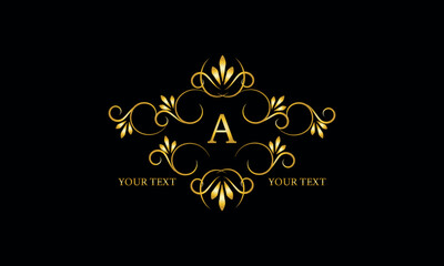 Luxury gold initial letter A monogram with frame ornament for boutique, beauty spa, hotel, resort, restaurant, jewelry, cosmetic logo design, wedding.