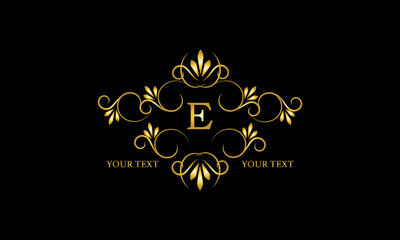 Luxury gold initial letter E monogram with frame ornament for boutique, beauty spa, hotel, resort, restaurant, jewelry, cosmetic logo design, wedding.