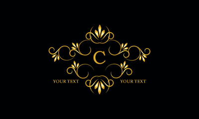 Luxury gold initial letter C monogram with frame ornament for boutique, beauty spa, hotel, resort, restaurant, jewelry, cosmetic logo design, wedding.
