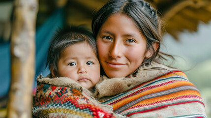 Obraz premium Intercultural a Young Radiant 25 Year old Mother Sharing a Tender Moment with her Baby and both Smiling Warmly Wallpaper Background Brainstorming Family Map Digital Art Magazine Poster