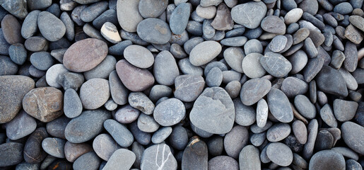 Smooth round pebbles texture background. Pebble sea beach close-up, dark wet pebble and gray dry pebble. High quality photo - Powered by Adobe
