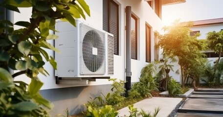 Eco-Friendly Efficiency - Heat pump outdoor unit in front of a newly built single family house. Generative AI