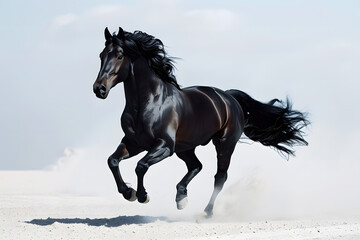 A fast black horse is running on a plain white background. Its hair is blowing in the wind, and it looks strong and graceful