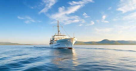 Obraz premium A Graceful Ship Sailing Across the Sea Under a Clear, Blue Sky. Generative AI