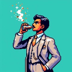 A man from the 1940s enjoying a beer or another beverage from a bottle or can. Pixel art style illustration. 1940s-style clothing. Person. Man.