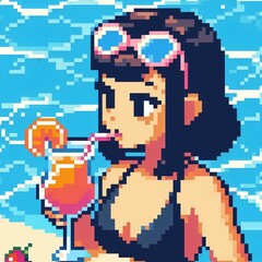 A woman enjoying a drink by the pool. Woman with short hair. Summer. Vacation. Relaxation.