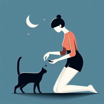 Colorful minimalist illustration. Woman feeding a cat with kibble. Woman. Care. Love. Animals. Affection.