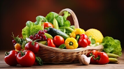 A Bountiful Collection of Fresh Fruits and Vegetables Brimming in a Basket on a Wooden Table. Generative AI
