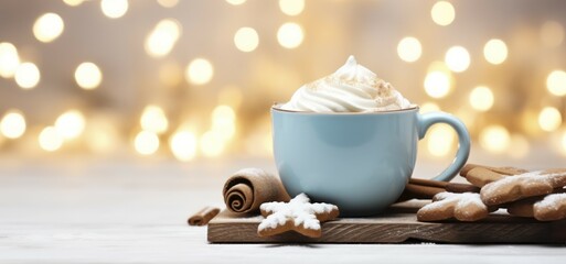 Obraz na płótnie Canvas Rich Hot Chocolate with Creamy Whipped Topping Served in a Blue Mug for a Cozy Winter Treat. Generative AI