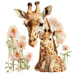 Naklejki  Cute mother giraffe and baby with pink flowers watercolor Illustration isolated on white. Generative AI