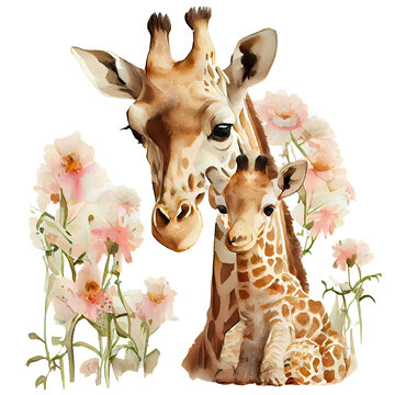 Cute mother giraffe and baby with pink flowers watercolor Illustration isolated on white. Generative AI