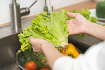 Close up asian young woman washing hydroponic green oak lettuce, fresh vegetables with splash water in basin of water on sink in kitchen, preparing fresh salad, cooking meal. Healthy food people.