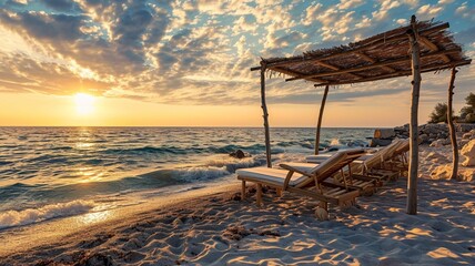 Beach as summer landscape with white sand and chairs near calm sea for beach banner. Ideal beach holiday and summer holiday concept.