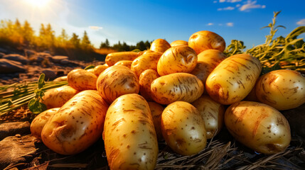 Harvested potatoes on a field in the summer. Harvesting potatoes.