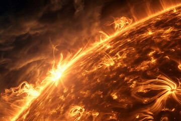 Close-up of sun or star with hot plasma and eruptions of hot gas into the universe and our solar system