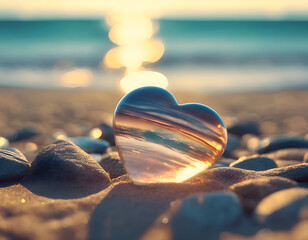 Transparent shiny smooth polished glass stone in heart shape on the beach - obrazy, fototapety, plakaty