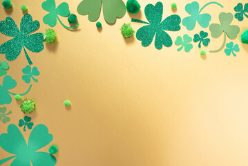 St. Patrick Day themed gold background with shamrock clover of various sizes and shades of green.