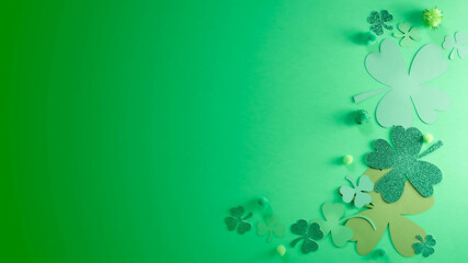 St. Patrick Day themed banner on green background with shamrock clover of various sizes and shades...