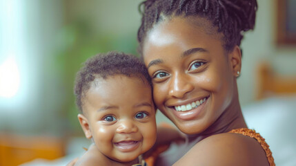 Fototapeta premium Intercultural a Young Radiant 25 Year old Mother Sharing a Tender Moment with her Baby and both Smiling Warmly Wallpaper Background Brainstorming Family Map Digital Art Magazine Poster