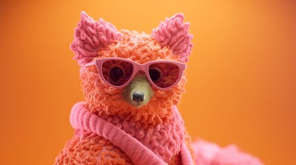 Hand knitted fox doll with sunglasses. Crocheted amigurumi toy. Souvenir product. Cute stuffed model. Illustration for cover, postcard, interior design, decor or print. - obrazy, fototapety, plakaty