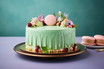  a green cake sitting on top of a table next to a plate of macaroni and cheese covered in icing and decorated with flowers and eggs on top of the cake.