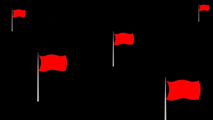 Red flags waving animation. Red, pink, claret wavy flag group. Sport stop, error, warning signal, socialism, irritates, immediate action, revolution, party symbols. Alpha channel footage, loop video