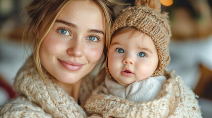 Obraz premium Intercultural a Young Radiant 25 Year old Mother Sharing a Tender Moment with her Baby and both Smiling Warmly Wallpaper Background Brainstorming Family Map Digital Art Magazine Poster