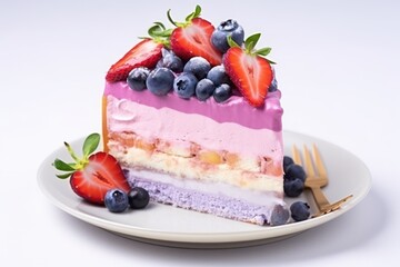  a piece of cake sitting on top of a white plate with blueberries and strawberries on top of it next to a fork and a slice of cake on a plate with a fork.