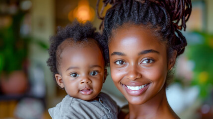 Fototapeta premium Intercultural a Young Radiant 25 Year old Mother Sharing a Tender Moment with her Baby and both Smiling Warmly Wallpaper Background Brainstorming Family Map Digital Art Magazine Poster