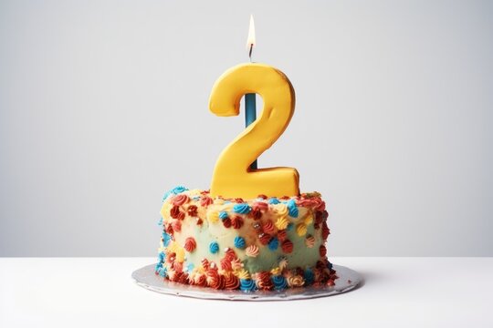  a two year old birthday cake with a candle in the shape of the number two on top of it with sprinkles and red, blue and yellow icing.