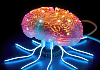 The concept of artificial intelligence. An abstract button designed as a glowing brain. Turn on your brain and mind energy. Technologies of the future. Illustration for advertising or presentation.