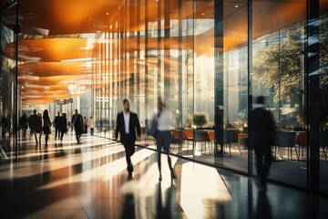Business professionals walking in a modern office building