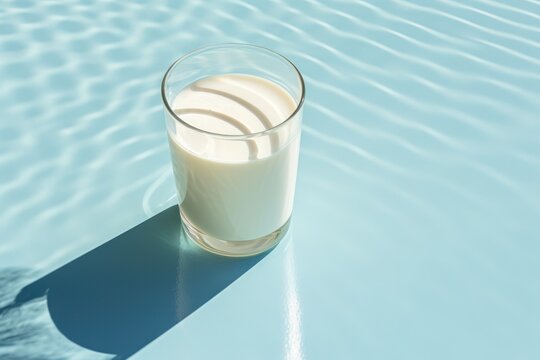  a glass of milk sitting on top of a table next to a pool of water and a shadow of a person standing on the edge of the pool in the water.