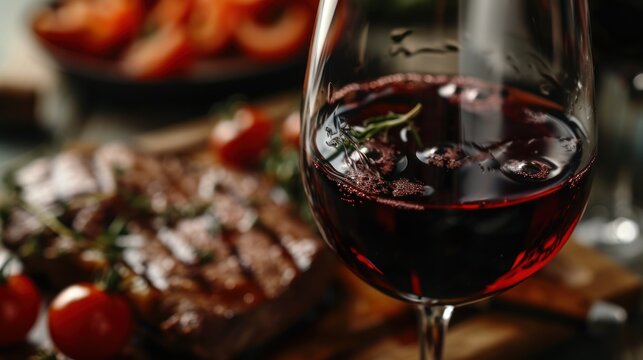  a glass of red wine sitting on top of a wooden cutting board next to a plate of meat and tomatoes on a wooden cutting board with a knife and a bowl of tomatoes in the background.