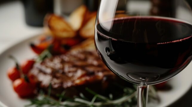  a close up of a plate of food with a glass of wine and a plate of food with a piece of meat and a glass of wine on the side.