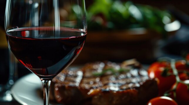  a glass of wine sitting on top of a white plate next to a piece of meat and a piece of tomato on a plate next to a glass of wine.