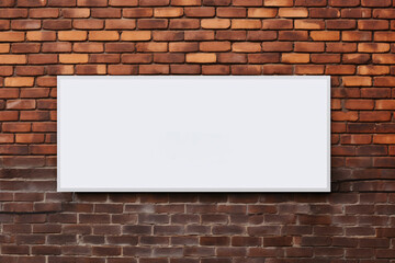 An empty white billboard mockup in front of a red brick wall