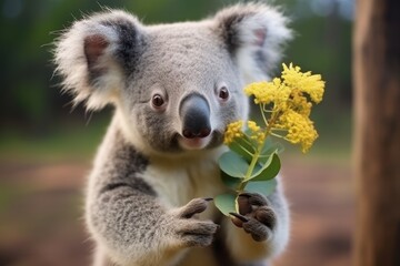  a close up of a koala holding onto a branch with a yellow flower in it's mouth and looking at the camera with a blurry background of trees in the background.