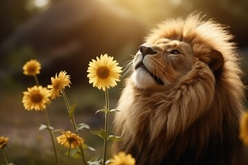  a lion standing in a field of sunflowers with its face to the side of the camera, with the sun shining through the trees in the distance behind.