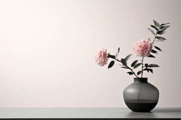  a black vase filled with pink flowers on top of a wooden table in front of a white wall and a white wall behind the vase is a black vase with three pink flowers.