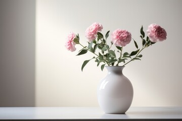  a white vase filled with pink flowers sitting on top of a white table next to a white wall and a white wall behind the vase is a few pink carnations.