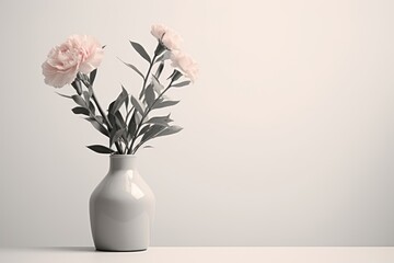  a white vase filled with pink flowers on top of a white table with a white wall behind it and a white wall behind the vase with a few pink flowers in it.