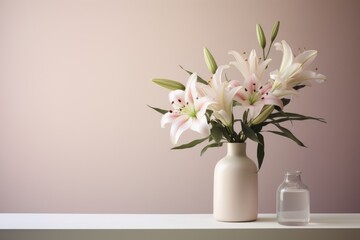  a white vase filled with pink flowers next to a small glass vase with water on top of a white table next to a pink wall with a pink wall in the background.