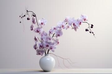  a white vase filled with purple orchids on top of a wooden table with a white wall behind it and a white wall behind the vase with purple orchids.