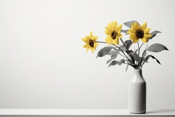  a white vase filled with yellow sunflowers on top of a wooden table next to a white wall and a white wall behind the vase is a white wall.