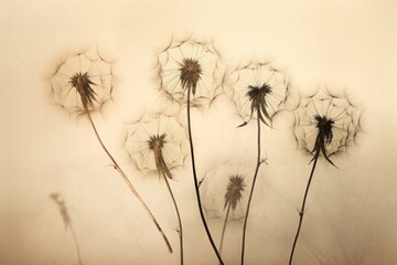  a group of dandelions blowing in the wind on a white and sepia - toned background, in a sepia - toned photo, sepia - tone.