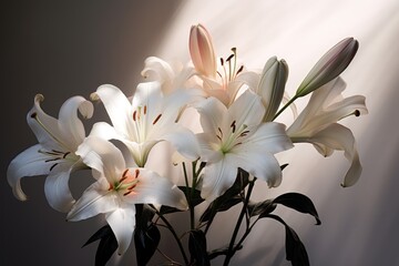  a vase filled with white flowers sitting on top of a wooden table next to a light shining down on the wall behind the vase and behind it is a shadow.