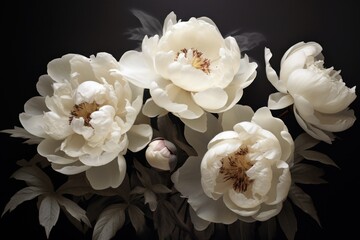  a group of white flowers sitting next to each other on a black surface with a reflection of the flowers on the top of the picture and bottom half of the flowers.